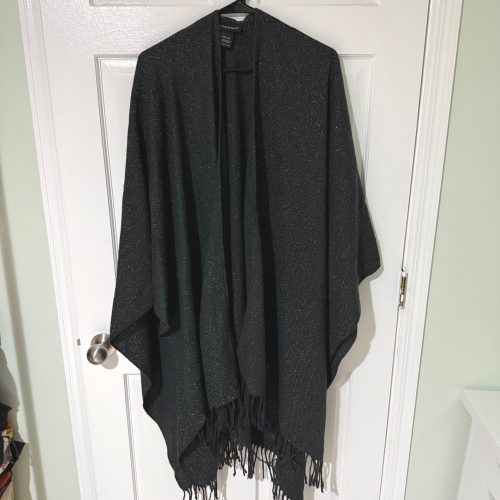 Lane Bryant Metallic Knit Poncho Wrap Charcoal Grey Silver Sparkle Fringe OS